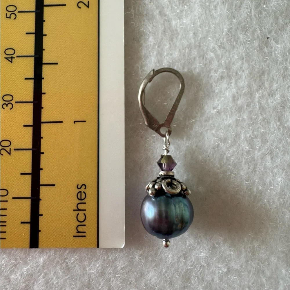 Large Gray Pearl and 925 Sterling Silver Dangle Drop Handmade Earrings